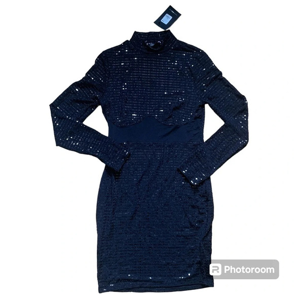 Fashion Nova Mini Dress Black Sequin Long Sleeves Women Size Large New With Tag - Picture 1 of 5
